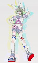 Rule 34 | 1boy, animal ears, arm up, bandaid, bandaid on face, bandaid on leg, belt, blue sailor collar, blue shorts, braid, colorful, dm owr, easter egg, egg, from below, full body, gauze on cheek, green hair, hair over shoulder, hand on own hip, hat, highres, looking at viewer, male focus, original, pink ribbon, rabbit ears, red eyes, ribbon, sailor collar, sailor hat, sandals, shirt, short sleeves, shorts, sidelocks, single braid, smile, solo, sticker on leg, thigh belt, thigh strap, v, white shirt