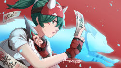 Rule 34 | 1girl, aber, bow, fingerless gloves, fox, fox mask, gloves, green eyes, green hair, hair bow, highres, holding, holding weapon, japanese clothes, kiriko (overwatch), kunai, mask, medium hair, ninja, ofuda, overwatch, overwatch 2, parted lips, red background, red gloves, short sleeves, signature, simple background, weapon, white background, white bow