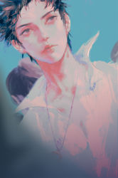 Rule 34 | 1boy, black hair, bluesy, collarbone, collared shirt, highres, jewelry, looking away, male focus, naruto (series), necklace, outdoors, parted lips, scar, scar on face, shirt, short hair, solo, spiked hair, uchiha obito, white shirt