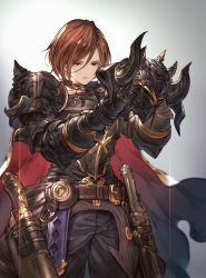Rule 34 | 10s, 1girl, armor, black armor, black knight (granblue fantasy), brown hair, cape, commentary request, fake horns, female knight, gauntlets, granblue fantasy, green eyes, gun, helmet, highres, holding, holding helmet, holster, horned helmet, horns, knight, official art, panties, pauldrons, sheath, sheathed, short hair, shoulder armor, simple background, solo, underwear, weapon