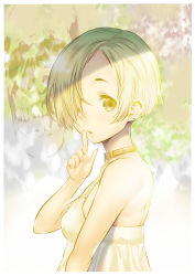 Rule 34 | 1girl, bare arms, bare shoulders, blonde hair, breasts, brown collar, collar, commentary request, dress, ear piercing, finger to mouth, from side, hair over one eye, highres, idolmaster, idolmaster cinderella girls, idolmaster cinderella girls starlight stage, index finger raised, looking at viewer, looking back, parted lips, piercing, shigaoka, shirasaka koume, short hair, shushing, sleeveless, sleeveless dress, small breasts, solo, white dress, yellow eyes