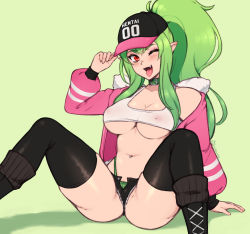 Rule 34 | 1girl, ;p, baseball cap, black footwear, black thighhighs, blush, boots, borrowed character, breasts, choker, cleavage, commentary, covered erect nipples, crop top, elf, english commentary, fang, fur collar, green choker, green hair, green panties, hair through headwear, hat, highleg, highleg panties, highres, jacket, linnaea (silviathepony), long hair, looking at viewer, m legs, navel, navel piercing, no bra, off shoulder, one eye closed, open clothes, open fly, open jacket, original, panties, piercing, pink jacket, pointy ears, ponytail, pussy, pussy peek, red eyes, sitting, solo, the scarlet devil, thighhighs, tongue, tongue out, underboob, underwear