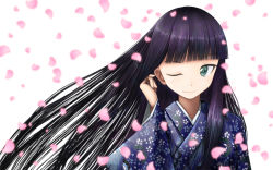 Rule 34 | 1girl, ;), aebafuti, black hair, blunt bangs, cherry blossoms, green eyes, highres, hime cut, japanese clothes, kimono, long hair, looking at viewer, one eye closed, original, petals, smile, solo, white background