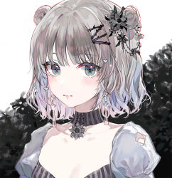 Rule 34 | 1girl, black flower, blush, closed mouth, commentary request, double bun, earrings, flower, grey eyes, grey hair, hair bun, hair flower, hair ornament, hairclip, jewelry, looking at viewer, original, puffy sleeves, simple background, solo, upper body, white background, yadapot