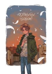 Rule 34 | 1boy, blue pants, blush, brown hair, character name, dated, denim, feathers, fujiwara takumi, green jacket, grey eyes, grey shirt, hair behind ear, hand in pocket, hand on own chest, heart, highres, initial d, jacket, jeans, jewelry, looking at viewer, pants, parted lips, ring, shirt, solo, yejian feixing