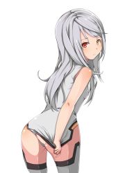 Rule 34 | 10s, 1girl, ass, bad id, bad pixiv id, bare shoulders, bodysuit, breasts, clothes pull, covering privates, covering ass, cowboy shot, dress, dress tug, flat chest, from behind, from side, frown, grey thighhighs, heterochromia, infinite stratos, laura bodewig, leaning forward, leotard, looking at viewer, looking back, muttan (ashiru-f), no eyepatch, panties, pilot suit, red eyes, shirt pull, shirt tug, small breasts, solo, swept bangs, thighhighs, thong, thong leotard, transparent background, underwear, white background, white hair, white thighhighs, yellow eyes