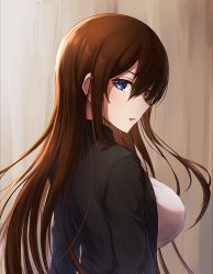 Rule 34 | 1girl, black jacket, blue eyes, breasts, brown hair, commentary, from side, hair between eyes, jacket, jirofly, large breasts, light particles, long hair, long sleeves, looking at viewer, looking to the side, open clothes, open jacket, open mouth, original, shirt, solo, straight hair, upper body, white shirt