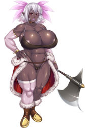 Rule 34 | 1girl, abs, artist request, axe, boots, breasts, character request, commentary request, covered erect nipples, curvy, dark-skinned female, dark elf, dark skin, elf, huge breasts, muscular, muscular female, panties, pointy ears, shiny skin, short hair, source request, underwear, white hair