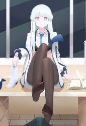 Rule 34 | 1girl, absurdres, blue archive, book, boots, unworn boots, bulge, desk, erection, erection under clothes, feet, highres, holding, holding shoes, long hair, looking at viewer, noa (blue archive), pantyhose, shoes, unworn shoes, sitting, smile, soles, toes