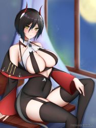 Rule 34 | 1girl, akayuki471, artist name, azur lane, bare shoulders, black hair, black jacket, black thighhighs, breast strap, breasts, cleavage, covered navel, cross, hair between eyes, highres, horns, iron cross, jacket, large breasts, looking at viewer, mechanical horns, nail polish, red horns, sitting, solo, thighhighs, ulrich von hutten (azur lane), yellow eyes