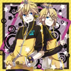 Rule 34 | 1boy, 1girl, bandaid, blonde hair, blue eyes, brother and sister, fukkin (hukkyunzzz), hair ornament, hair ribbon, hairclip, headset, hukkyunzzz, jacket, kagamine len, kagamine rin, looking at viewer, one eye closed, project diva, project diva (series), project diva f, ribbon, short hair, siblings, smile, stylish energy (vocaloid), twins, vocaloid, wink