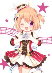 Rule 34 | 1girl, ;d, beamed eighth notes, blush, boots, bow, braid, chatsune (white lolita), dress, eighth note, elbow gloves, flower, gloves, gochuumon wa usagi desu ka?, hair between eyes, hair flower, hair ornament, hands up, hat, heart, heart hands, hoto cocoa, light brown hair, mini hat, musical note, one eye closed, one side up, open mouth, puffy short sleeves, puffy sleeves, purple eyes, quarter note, short sleeves, smile, solo, standing, standing on one leg, star (symbol), striped, striped bow, white bow, white dress, white flower, white footwear, white gloves