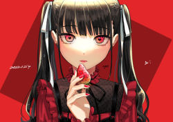 Rule 34 | 1girl, black hair, black ribbon, bow, copyright request, dated, food, fruit, hair bow, hand up, heart, holding, holding food, long hair, long sleeves, looking at viewer, nail polish, neck ribbon, parted lips, pink lips, red background, red eyes, red nails, red shirt, ribbon, shirt, sidelocks, signature, solo, strawberry, twintails, two-tone background, uzura (bonnet225), white bow