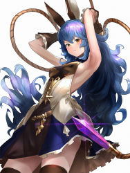 Rule 34 | 1girl, armpits, arms up, blue hair, blue skirt, blush, breasts, brown eyes, brown gloves, brown thighhighs, closed mouth, commentary request, elbow gloves, erune, ferry (granblue fantasy), from below, frown, glint, gloves, granblue fantasy, grey background, hair between eyes, long hair, looking at viewer, looking down, medium breasts, revision, shirt, sideboob, simple background, skirt, sleeveless, sleeveless shirt, solo, standing, thighhighs, v-shaped eyebrows, very long hair, wasabi60, wavy hair, white shirt