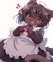 Rule 34 | 1girl, animal ears, apron, black dress, black hair, blurry, blush, cat ears, cat girl, cat tail, depth of field, dress, fang, female focus, frills, furry, furry female, hairband, heart, heart hands, highres, looking at viewer, maid, maid apron, maid headdress, ne (nefuraito336), open mouth, original, simple background, solo, tail, whiskers, white background