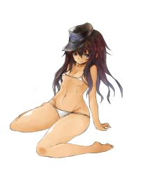 Rule 34 | 10s, 1girl, akatsuki (kancolle), alternate costume, arm support, bare legs, barefoot, bikini, blue eyes, breasts, brown hair, full body, gond, hat, kantai collection, long hair, micro bikini, simple background, sitting, small breasts, smile, solo, swimsuit, wariza, white background, white bikini