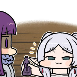 Rule 34 | 2girls, :3, blunt bangs, blunt tresses, blush stickers, bottle, chibi, commentary, earrings, elf, fern (sousou no frieren), frieren, green eyes, holding, holding bottle, jazz jack, jewelry, lowres, multiple girls, outline, parted bangs, pointy ears, purple eyes, purple hair, shaded face, short eyebrows, sidelocks, smug, sousou no frieren, thick eyebrows, twintails, wide face, wooden wall