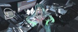Rule 34 | 1girl, bare shoulders, blue hair, boots, braid, cable, chair, collared dress, commentary, computer, desk, dress, english commentary, floating, floating object, galaxy live (vocaloid), gloves, hairband, hatsune miku, headgear, highres, holographic monitor, indoors, instrument, keyboard (instrument), laptop, long hair, microphone, nakai (nnnjpg), office chair, on desk, sitting, on desk, sleeveless, sleeveless dress, solo, speaker, star (symbol), swivel chair, synthesizer, tape recorder, thighhighs, tile floor, tiles, twintails, very long hair, vocaloid, white dress, white footwear, white gloves, white thighhighs