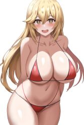 Rule 34 | + +, 1girl, absurdres, arm behind back, bare arms, bikini, blonde hair, blush, breasts, cleavage, commentary request, cowboy shot, hair between eyes, highres, jasony, large breasts, long hair, looking at viewer, navel, open mouth, red bikini, shokuhou misaki, simple background, smile, solo, standing, swimsuit, toaru kagaku no railgun, toaru majutsu no index, upper body, white background, yellow eyes