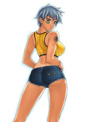 Rule 34 | 1girl, arm tattoo, ass, bandaid, bandaid on face, bandaid on nose, bang-you, blue eyes, blue hair, breasts, cutoffs, denim, denim shorts, facial tattoo, female focus, from behind, highres, large breasts, looking back, matching hair/eyes, one-piece tan, parted lips, ryouko-chan, short hair, short shorts, shorts, simple background, solo, sports bra, tan, tanline, tattoo, white background, yamaha