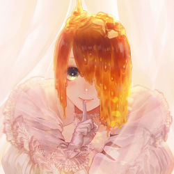 Rule 34 | 1girl, bad id, bad pixiv id, black eyes, butter, choker, closed mouth, curtains, dappled sunlight, dripping, eyelashes, finger to mouth, food, food on head, frills, gloves, hair over one eye, honey, index finger raised, lace, lace-trimmed gloves, lace trim, liquid hair, looking at viewer, object on head, one eye covered, orange hair, original, portrait, pouring, red lips, reniirean, short hair, shushing, smile, solo, sunlight, syrup, white gloves