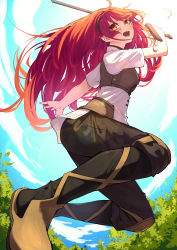Rule 34 | 1girl, :d, absurdres, black pants, day, eris greyrat, floating hair, highres, holding, holding sword, holding weapon, lens flare, long hair, mushoku tensei, open mouth, outdoors, pants, red eyes, red hair, shirt, short sleeves, smile, solo, sword, tamago sando, very long hair, weapon, white shirt