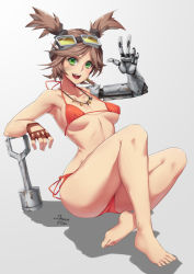 Rule 34 | &gt;:d, 1girl, :d, arm rest, artificial limb, artist name, bad id, bad pixiv id, bandages, bandage on face, bandages, barefoot, bikini, borderlands (series), borderlands 2, breasts, brown hair, collarbone, feet, fingerless gloves, gaige, gloves, goggles, goggles on head, green eyes, highres, legs, mechanical arms, open mouth, prosthesis, prosthetic arm, red bikini, shadow, side-tie bikini bottom, single mechanical arm, smile, solo, stormcow, swimsuit, teeth, toes, twintails, underboob, v, v-shaped eyebrows, w
