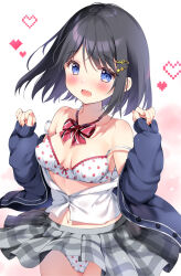 Rule 34 | 1girl, bare shoulders, black hair, blue eyes, blue jacket, blush, bow, bow bra, bra, breasts, collarbone, commentary request, diagonal-striped bow, fortissimo, grey skirt, hair between eyes, hair ornament, hairclip, hands up, heart, jacket, long sleeves, looking at viewer, medium breasts, musical note, musical note hair ornament, off shoulder, open clothes, open jacket, open mouth, original, pan (mimi), panties, pinching sleeves, pixelated, plaid, plaid skirt, pleated skirt, polka dot, polka dot bra, polka dot panties, puffy long sleeves, puffy sleeves, red bow, shirt, skirt, sleeves past wrists, solo, strap slip, striped, treble clef, underwear, white background, white bra, white panties, white shirt