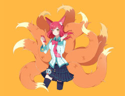 Rule 34 | 1girl, academy ahri, ahri (league of legends), animal ears, black thighhighs, breasts, cellphone, facial mark, fox ears, fox tail, hair ornament, hairclip, heart, heart hair ornament, large breasts, league of legends, long hair, looking at viewer, multiple tails, nail polish, one eye closed, orange background, phone, red hair, savi (byakushimc), school uniform, simple background, skirt, slit pupils, solo, tail, thighhighs, whisker markings, yellow eyes