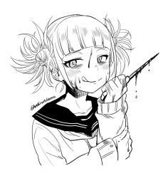 Rule 34 | 1girl, bags under eyes, blood, blood on clothes, blood on face, blood on hands, bloody knife, blunt bangs, blush, boku no hero academia, commentary, double bun, greyscale, hair bun, hashimoto kurara, holding, holding knife, holding weapon, knife, licking lips, long sleeves, looking at viewer, messy hair, monochrome, sailor collar, short hair, sidelocks, simple background, solo, sweater, toga himiko, tongue, tongue out, twitter username, upper body, weapon, white background