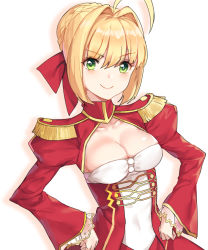 Rule 34 | 10s, 1girl, ahoge, blonde hair, breasts, cleavage, closed mouth, epaulettes, fate/extra, fate (series), green eyes, hair intakes, hair ribbon, hands on own hips, medium breasts, nero claudius (fate), nero claudius (fate) (all), nero claudius (fate/extra), red ribbon, ribbon, short hair, shovelwall, shovelwell, smile, solo