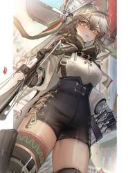 Rule 34 | 1girl, arknights, backlighting, black shorts, black thighhighs, blush, breasts, brown cape, brown hair, cape, confetti, day, fartooth (arknights), feather hair, from below, gauntlets, high-waist shorts, highres, holding, holding weapon, kaguura (kagu), large breasts, long sleeves, looking at viewer, looking down, orange eyes, outdoors, parted lips, puffy long sleeves, puffy sleeves, quiver, shirt, shorts, solo, sunlight, thigh strap, thighhighs, visor (armor), weapon, white shirt
