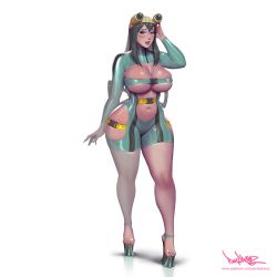 Rule 34 | 1girl, adapted costume, asui tsuyu, belt, bodysuit, boku no hero academia, breasts, center opening, cleavage cutout, clothing cutout, earrings, female focus, full body, goggles, goggles on head, heel-less heels, high heels, hip vent, jewelry, jumpsuit, large breasts, long hair, looking at viewer, makeup, nail polish, pinkdrawz, platform footwear, revealing clothes, short jumpsuit, simple background, solo, standing, tongue, tongue out
