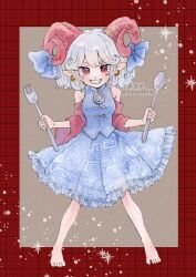 Rule 34 | 1girl, 2zuz4hru, barefoot, blue shirt, blue skirt, breasts, commentary request, curly hair, detached sleeves, earrings, eye print, fork, full body, grey hair, grin, highres, holding, holding fork, holding spoon, horn ornament, horn ribbon, horns, jewelry, looking at viewer, meandros, medium bangs, medium breasts, medium hair, painting (medium), patterned clothing, pointy ears, print skirt, red eyes, red horns, red sleeves, ribbon, sheep horns, shirt, skirt, sleeveless, sleeveless shirt, smile, solo, sparkle, spoon, standing, touhou, toutetsu yuuma, traditional media, twitter username, watercolor (medium)