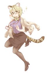 Rule 34 | 0nanaten, 1girl, animal ears, black footwear, black skirt, blonde hair, blush, bow, bowtie, breasts, cat ears, cat tail, closed mouth, commission, fang, fang out, full body, glasses, green eyes, high heels, highres, id card, kemono friends, large breasts, long sleeves, looking at viewer, margay (kemono friends), margay print, office lady, pantyhose, pencil skirt, shoes, short hair, skeb commission, skirt, smile, solo, sparkle, sweater, tail, vest