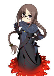 Rule 34 | 1girl, aged down, black-framed eyewear, black bow, black dress, black gloves, blue bodysuit, blush, bodysuit, bodysuit under clothes, bow, braid, breasts, brown hair, closed mouth, commentary request, dress, elbow gloves, fate/grand order, fate (series), full body, glasses, gloves, hair ornament, hands on own hips, long hair, long sleeves, looking at viewer, namonashi, parted bangs, purple eyes, semi-rimless eyewear, simple background, single braid, small breasts, solo, standing, strapless, strapless dress, striped, striped bodysuit, under-rim eyewear, vertical stripes, very long hair, white background, yu mei-ren (fate), yu mei-ren (first ascension) (fate)