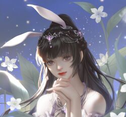 Rule 34 | 1girl, absurdres, animal ears, bare shoulders, brown hair, closed mouth, collar, dark, douluo dalu, flower, hair ornament, hands on own chin, highres, leaf, long eyelashes, long hair, metal collar, own hands clasped, own hands together, ponytail, rabbit ears, smile, solo, upper body, xiao wu (douluo dalu), zenme maorongrong de a