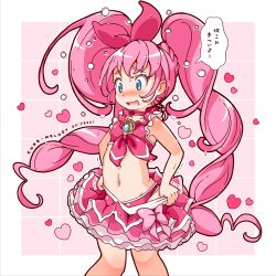 Rule 34 | 1girl, ao yasai, artist name, blue eyes, blush, brooch, character name, choker, cure melody, earrings, frilled skirt, frills, hair ribbon, heart, heart earrings, highres, houjou hibiki, jewelry, magical girl, midriff, navel, open mouth, panties, pink hair, pink panties, pink ribbon, pink skirt, precure, ribbon, skirt, solo, speech bubble, standing, suite precure, translation request, twintails, underwear, wavy mouth