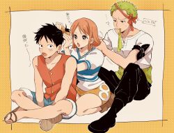 Rule 34 | 1girl, 2boys, bad id, bad twitter id, black eyes, black footwear, black hair, black pants, bow, brown footwear, buttons, collarbone, facial scar, full body, green eyes, hair bow, hair ribbon, highres, holding another&#039;s hair, indian style, monkey d. luffy, multiple boys, nami (one piece), one piece, open mouth, orange eyes, orange hair, pants, playing with another&#039;s hair, red shirt, ribbon, roronoa zoro, sandals, scar, scar on cheek, scar on face, seiza, shirt, short hair, shorts, sitting, skirt, ten05612, text focus, translation request, white shirt