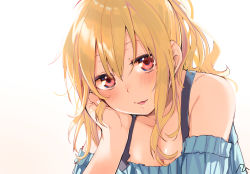 Rule 34 | 1girl, :3, arm support, bare shoulders, blonde hair, blue shirt, blush, bokutachi no remake, breasts, collarbone, commentary request, hair between eyes, hand on own cheek, hand on own face, highres, kogure nanako, long hair, looking at viewer, off shoulder, open mouth, red eyes, shirt, simple background, smile, solo, upper body, white background, yanngoto