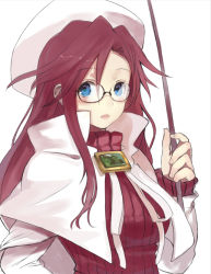 Rule 34 | 1girl, aty, aty (summon night), blue eyes, face, glasses, hat, long hair, open mouth, pointer, red hair, shirabi, simple background, solo, summon night, summon night 3, turtleneck