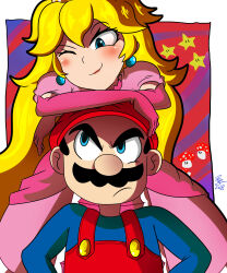 Rule 34 | 1boy, 1girl, absurdres, annoyed, black hair, blonde hair, blue eyes, cronocain, crown, dress, earrings, facial hair, frown, gloves, grin, hand on own hip, hat, highres, jewelry, leaning on person, looking at another, mario, mario (series), mushroom, mustache, nintendo, one eye closed, overalls, pink dress, princess peach, smile, standing, super mario bros. 1, super mushroom, super star (mario), wink