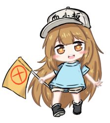 Rule 34 | 10s, 1girl, :d, bailingxiao jiu, black footwear, blue shirt, blush, boots, brown eyes, brown hair, brown shorts, character name, chibi, clothes writing, commentary request, flag, flat cap, full body, grey hat, hat, hataraku saibou, heart, heart-shaped pupils, holding, holding flag, long hair, open mouth, platelet (hataraku saibou), round teeth, shirt, short shorts, short sleeves, shorts, simple background, smile, solo, standing, symbol-shaped pupils, teeth, upper teeth only, very long hair, white background