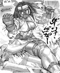 Rule 34 | 1girl, 2019, abs, absurdres, belt, boots, breasts, cleavage, commentary, criss-cross halter, dark-skinned female, dark skin, darli dagger, dreadlocks, english commentary, fighting stance, fingerless gloves, foreshortening, gloves, greyscale, halterneck, headband, highres, holding, holding weapon, huge weapon, lips, long hair, medium breasts, monochrome, multiple belts, muscular, over shoulder, pltnm ghost, samurai spirits, sarong, saw, saw cleaver, signature, solo, thick thighs, thighs, very dark skin, weapon, weapon over shoulder