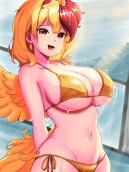 Rule 34 | 1girl, absurdres, animal, animal on head, bikini, bird, bird on head, blonde hair, breasts, cleavage, collarbone, earrings, feathered wings, highres, jewelry, large breasts, looking at viewer, midriff, multicolored hair, navel, nito2230, niwatari kutaka, on head, open mouth, red eyes, short hair, smile, solo, swimsuit, touhou, two-tone hair, wet, wings, yellow bikini, yellow tail, yellow wings
