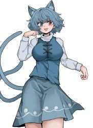 Rule 34 | 1girl, animal ears, blue eyes, blue hair, blue skirt, blue vest, breasts, cat ears, cat tail, fe (tetsu), heterochromia, highres, large breasts, long sleeves, looking at viewer, multiple tails, red eyes, shirt, short hair, simple background, skirt, solo, tail, tatara kogasa, tongue, tongue out, touhou, two tails, vest, white background, white shirt