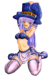 Rule 34 | 1girl, albino, apron, armpits, arms up, bad id, bad pixiv id, bare shoulders, bow, breasts, buckle, candy, capcom, capcom fighting jam, choker, crawd, detached sleeves, food, frilled skirt, frills, hat, ingrid (capcom), kirisamemaru, kneeling, light purple hair, lollipop, long hair, mary janes, medium breasts, midnight bliss, midriff, miniskirt, navel, red eyes, ribbon, shoes, silver hair, sitting, skirt, solo, thighhighs, top hat, white thighhighs, zettai ryouiki