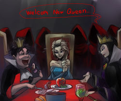 Rule 34 | 3girls, alice in wonderland, black hair, blonde hair, company connection, crossover, crown, disney, dress, eating, elsa (frozen), english text, engrish text, frozen (disney), long hair, multiple girls, murai shinobu, poison, queen (snow white), queen grimhilde, queen of hearts (alice in wonderland), ranguage, snow white and the seven dwarfs, sweat