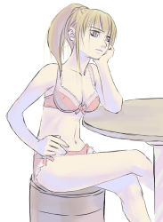 Rule 34 | 1girl, blonde hair, bow, bow bra, bow panties, bra, collarbone, crossed legs, expressionless, grey eyes, hand on own hip, head rest, lace, lace-trimmed bra, lace-trimmed panties, lace trim, lingerie, long hair, looking afar, navel, original, panties, pink bra, pink panties, ponytail, simple background, sitting, solo, table, underwear, underwear only, you2