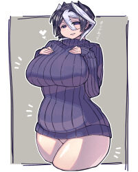 Rule 34 | 1girl, absurdres, black hair, black sweater, border, breast suppress, breasts, cowboy shot, cropped legs, grey background, hair between eyes, hands on own chest, hands up, heart, heart-shaped pupils, highres, large breasts, long sleeves, looking at viewer, made in abyss, medium hair, mikiji, multicolored hair, no pants, outline, outside border, ozen, plump, purple eyes, sleeves past wrists, smile, sweater, symbol-shaped pupils, thighs, two-tone hair, white border, white hair, white outline, wide hips